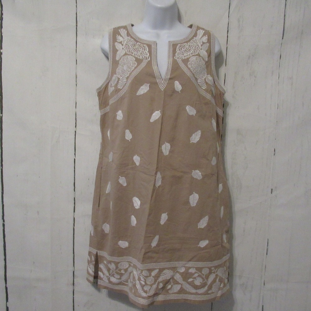 Gretchen Scott Dress M Beige Embroidered Shift Boho Coastal Resortwear Beach